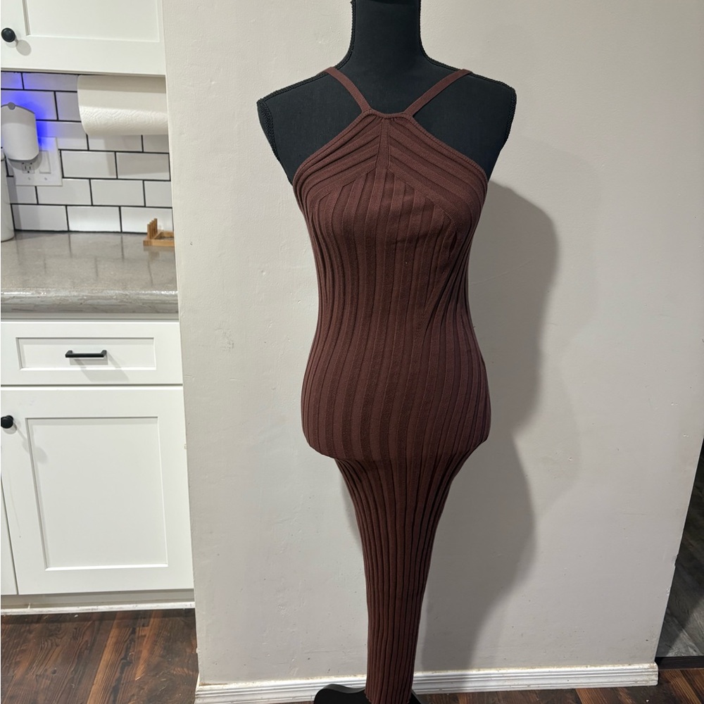 NBD Brown Ribbed Bodycon Stretch Midi Knit Dress NWT